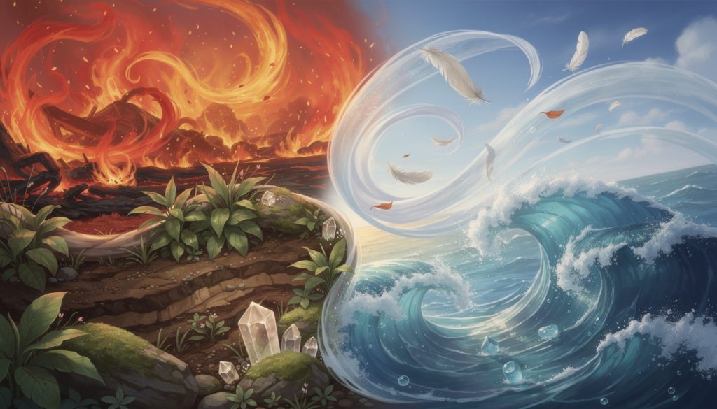 découvrez les 4 éléments fondamentaux en astrologie – feu, terre, air et eau – et comprenez leur influence sur votre personnalité et votre destinée.